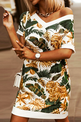 Casual Print Split Joint V Neck Straight Dresses(3 colors)