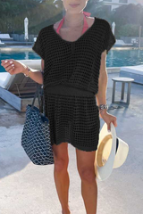 Casual Solid Mesh V Neck Waist Skirt Dresses