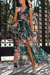 Mint Floral V Neck Slit Maxi Dress