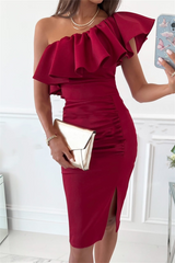 Casual Solid Flounce One Shoulder Pencil Skirt Dresses(3 colors)
