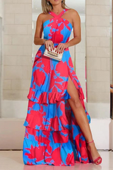 Fashion Print Slit Halter Cake Skirt Dresses