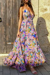 Casual Print Split Joint Spaghetti Strap Cake Skirt Dresses