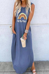 Casual Print Split Joint O Neck Straight Dresses(10 colors)
