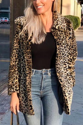 Pockets Leoaprd Faux Fur Lapel Coat
