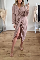 Fashion Solid Fold V Neck Long Sleeve Dresses