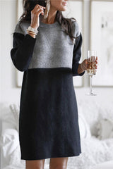 Fashion Patchwork Solid Patchwork O Neck Long Sleeve Dresses(5 colors)