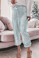 Simplicity Solid Sequins Flounce Straight High Waist Harlan Patchwork Bottoms(4 Colors)