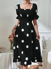 Women's Dresses Polka Dot Print Puff Sleeve Frill Midi Dress