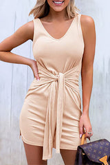 Casual Simplicity Solid Fold Asymmetrical V Neck Vest Dress Dresses(6 Colors)