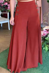 Casual Elegant Solid Buttons Loose Wide Leg Solid Color Bottoms(3 Colors)