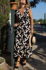 Geometric Patchwork Flounce V Neck Printed Dress Dresses