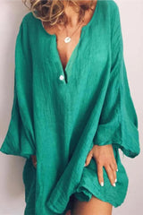 Plus Size Casual Solid Buttons V Neck Long Sleeve Dresses