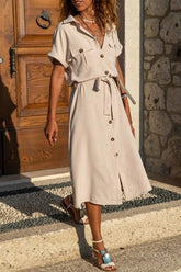 Casual Simplicity Solid Frenulum Turndown Collar Shirt Dress Dresses