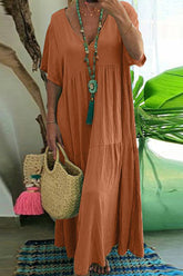 Plus Size Casual College Solid Asymmetrical V Neck Short Sleeve Dress