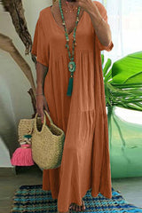 Plus Size Casual College Solid Asymmetrical V Neck Short Sleeve Dress