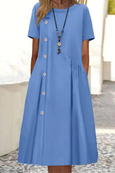 Casual Daily Solid Pocket Buttons O Neck A Line Dresses(4 Colors)