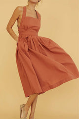 Casual Solid Pocket Backless Square Collar A Line Dresses