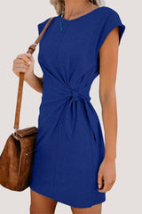Casual Solid Frenulum O Neck Irregular Dress Short Sleeve Dress(6 Colors)