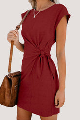 Casual Solid Frenulum O Neck Irregular Dress Short Sleeve Dress(6 Colors)