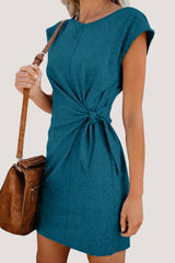 Casual Solid Frenulum O Neck Irregular Dress Short Sleeve Dress(6 Colors)