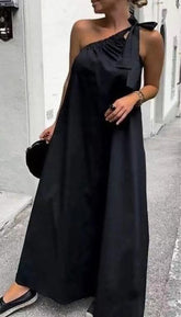 Casual Solid Frenulum Oblique Collar Sleeveless Dress Dresses(4 Colors)