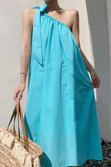 Casual Solid Frenulum Oblique Collar Sleeveless Dress Dresses(4 Colors)