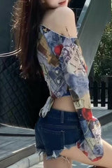 Sexy College Print Asymmetrical Oblique Collar Tops