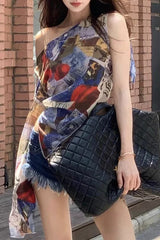 Sexy College Print Asymmetrical Oblique Collar Tops