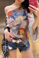 Sexy College Print Asymmetrical Oblique Collar Tops