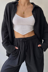 Daily Simplicity Solid Pocket Turndown Collar Long Sleeve Two Pieces