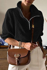 Casual Solid Draw String Zipper Turndown Collar Tops(6 Colors)