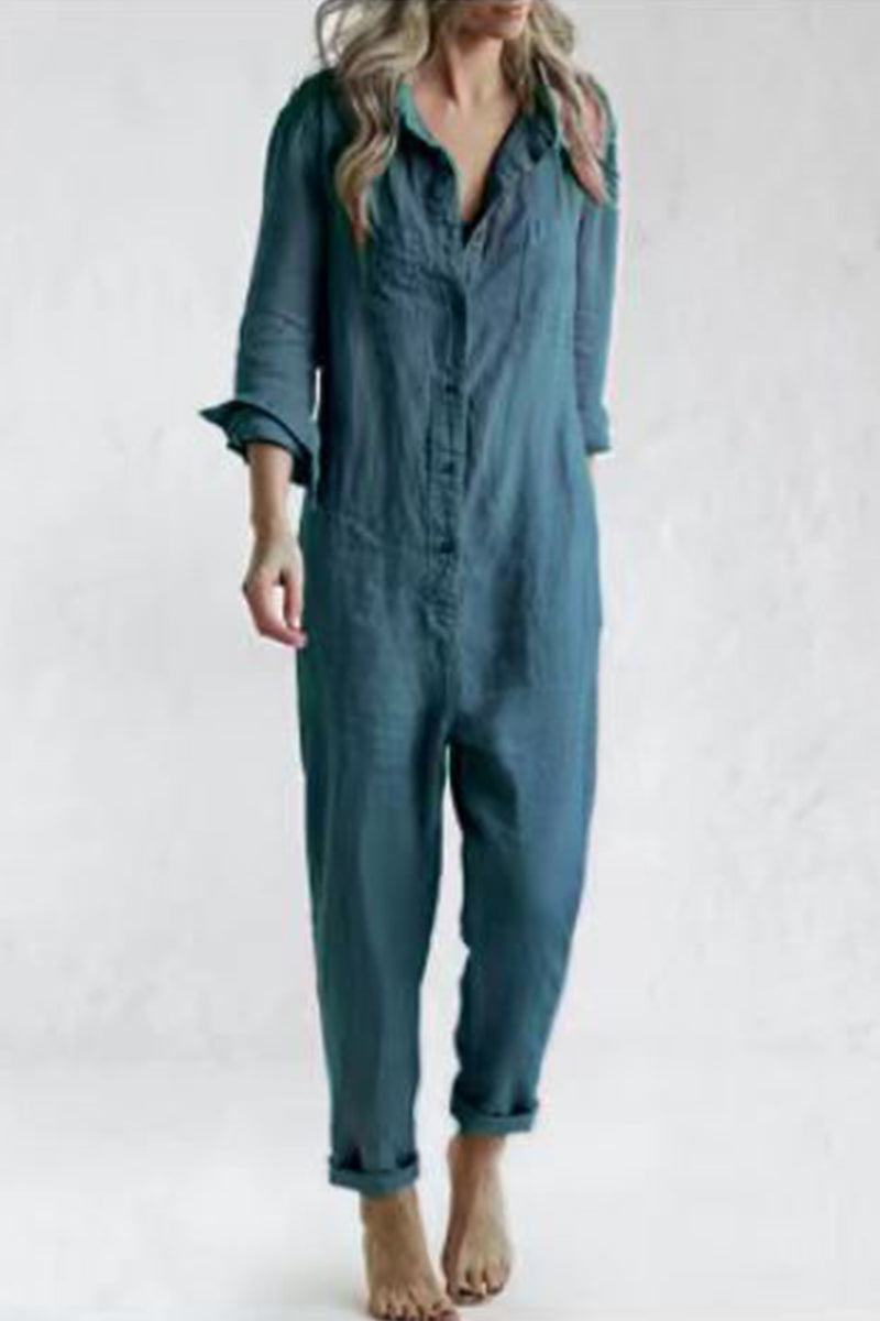 Casual Solid Buckle Turndown Collar Loose Jumpsuits(3 Colors)