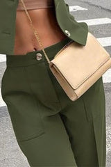 Casual British Style Solid Pocket Loose Straight Solid Color Bottoms
