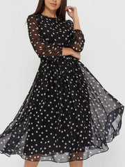 Women's Dresses Retro Chiffon Round Neck Polka Dot Long Sleeve Midi Dress