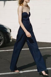 Casual Solid Pocket With Belt Strapless Sleeveless Denim Jumpsuits