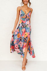 Cailey Satin Printed Cutout Slit Midi Dress