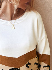 Women's Sweaters Trendy Color Block Leopard Print Round Neck Long Sleeved Sweater