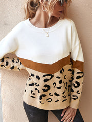 Women's Sweaters Trendy Color Block Leopard Print Round Neck Long Sleeved Sweater