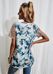 Cross Straps Patchwork V Neck Short Sleeve T-shirt
