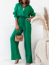 Draw String Button Up Long Sleeve Jumpsuit