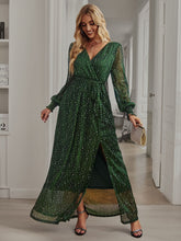 V-Neck Long Sleeve Wrap Belted Slit Maxi Sequins Dress