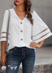 Button Solid Color Three Quarter Sleeve V Neck T-shirt
