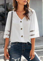 Button Solid Color Three Quarter Sleeve V Neck T-shirt