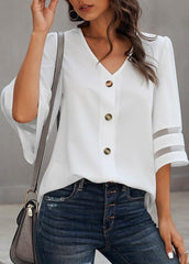 Button Solid Color Three Quarter Sleeve V Neck T-shirt