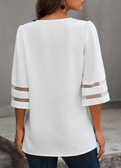 Button Solid Color Three Quarter Sleeve V Neck T-shirt