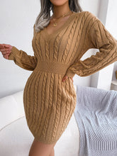 Long Sleeve V-Neck Knitted Solid Mini Dress