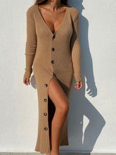 Deep V-Neck Long Sleeve Button Down Maxi Sweat Dress