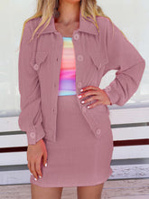 Two Piece Outfit Long Sleeve Button Sweatshirt and Mini Skirt Set