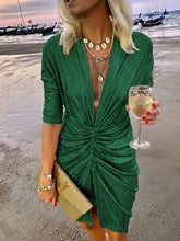Deep V-Neck Long Sleeve Pleated Solid Mini Dress
