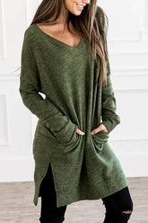 Pockets Slit V Neck Hoodie Dress